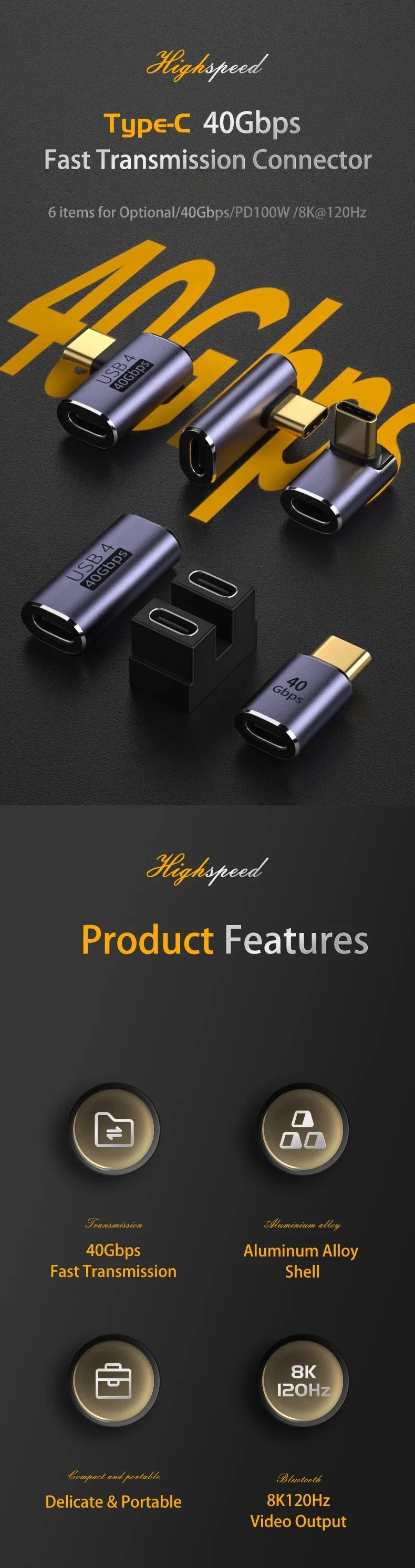 USB 4.0 PD 100W 8K 60Hz laddare kontakt för Macbook 40Gbps höghastighets USB C OTG U-form rak vinkel hane till hona adapter