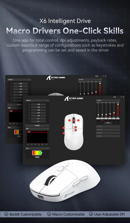 Shark X6 PAW3395 Bluetooth-mus, Tri-Mode Connection, RGB Touch Magnetic Charging Base