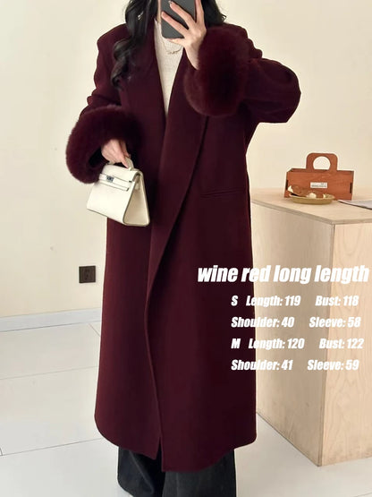 Wine Red Woolen Coat with Fur Cuffs and Belted Design