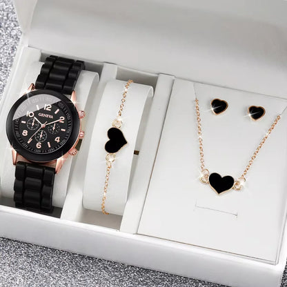 4 st/set Damklockor Mode Silikonband Dam Quartz Watches Heart Smyckesset (utan kartong)