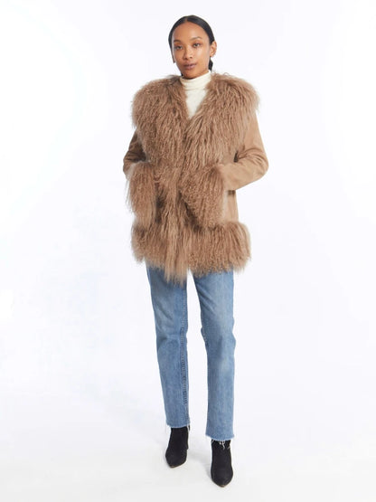 Maxi Suede Jacket with Faux Mongolian Fur Trim and Cotton Lining