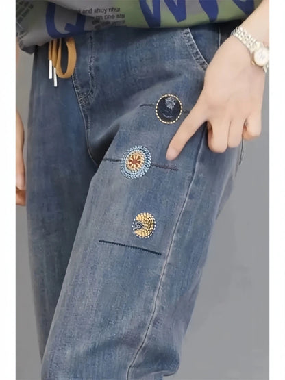 Elastic Loose-Fit Harem Jeans with Embroidery Comfortable and Slimming