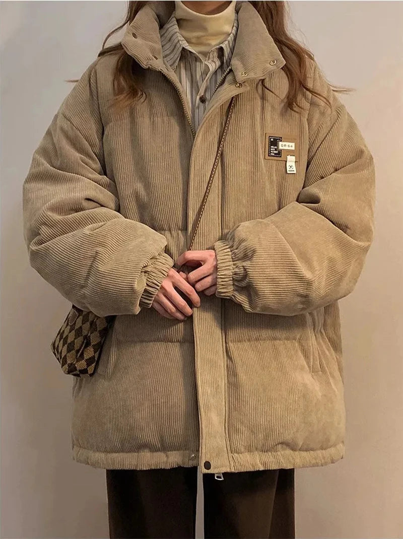 Överdimensionerad Corduroy Puffer Coat med fickor Varm och Retro Y2K Style