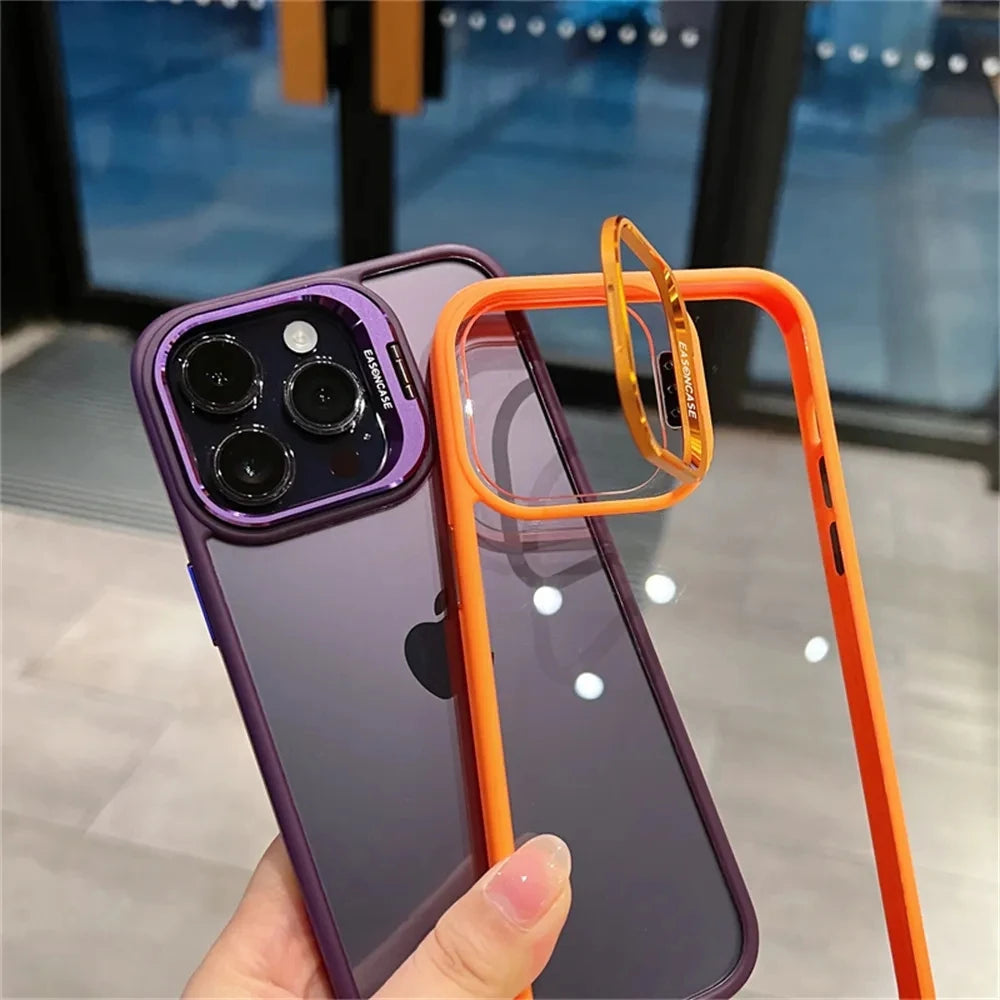 Lens Metal Ring Protector Stand Case For iPhone: Transparent Shockproof Camera Lens Protection Cover