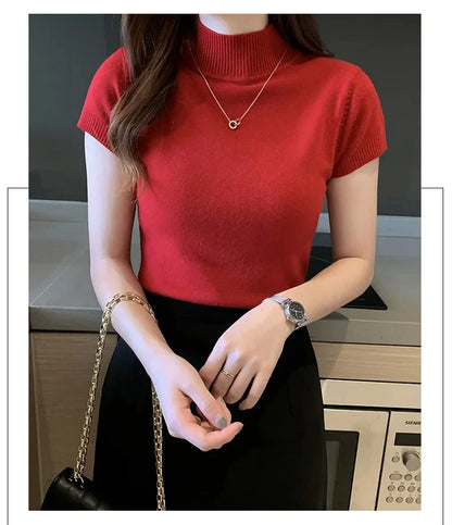 Women's Half-High Neck T-Shirt Fashion Jumper Casual Tops Korean Style Elegant Solid-Coloured Clothing Spring And Summer Season