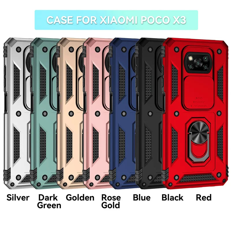 Shockproof Armor Case for Xiaomi Pocophone Poco X3 Pro, Car Holder Phone Cover for Poco X3 NFC, X3 Pro, Camera Lens Protection Funda