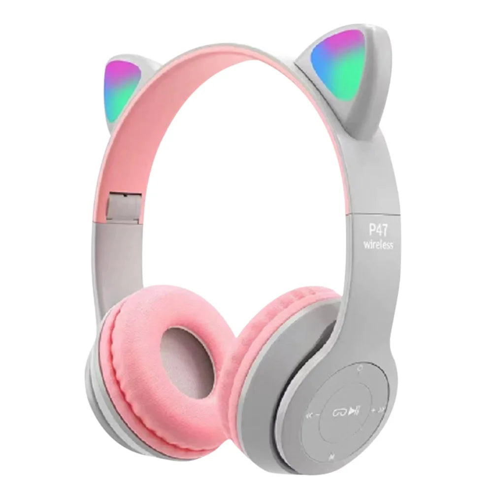 Cute Cat Ear Headphones with RGB LED Light Wireless Headset Kids Girls Stereo Phone Music Bluetooth Headset PC Gamer Gift