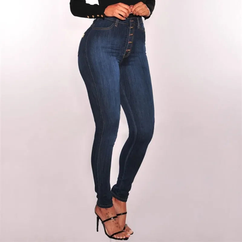 High Waist Push-Up Skinny Jeans with Stretch and Washed Denim