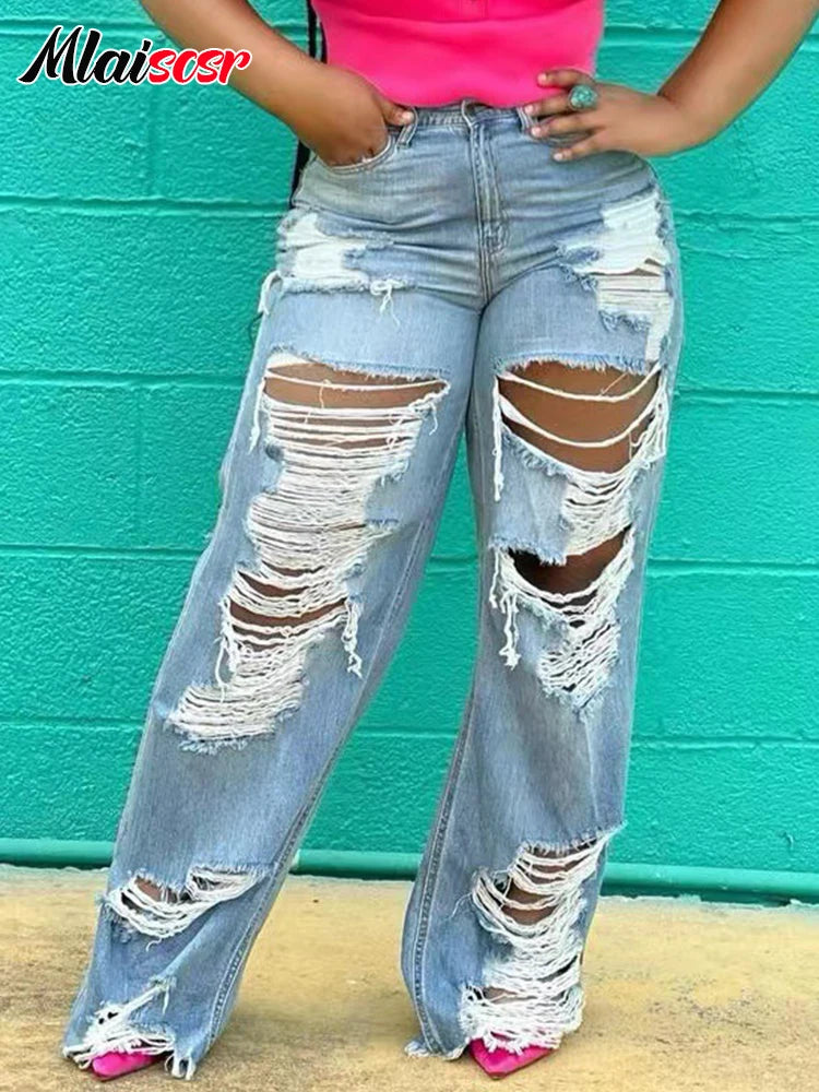 Mlaiscsr Sexy Hole Ripped Straight Jeans Women Button Pocket Loose Blue Denim Wide Leg Pants Trousers Streetwear Birthda Bottoms