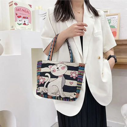 Fashion Women's Canvas Handbag - Animal Ethnic Style Embroidered Tote Bag with Elephant, Peacock, and Rabbit Designs