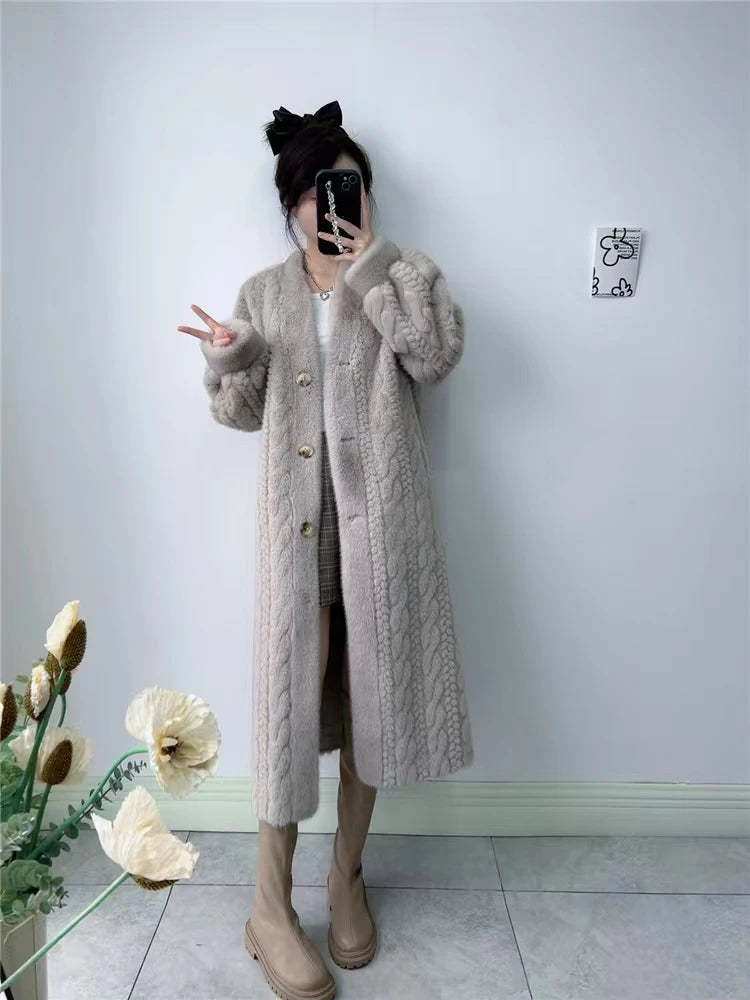 Thickened Faux Fur Mink Cardigan with V-Neck and Buttons Loose and Simple