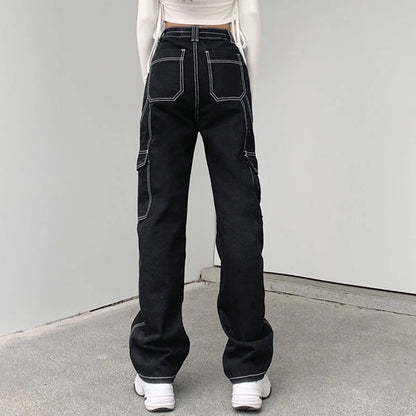 Baggy Black Wide Leg Jeans with Patchwork Pockets and Streetwear Style