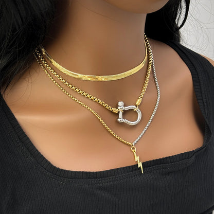 Waterproof Jewelry 18K Gold Plated Stainless Steel Box Chain Choker Necklace  Double Color Chunky Horseshoe Necklace for women