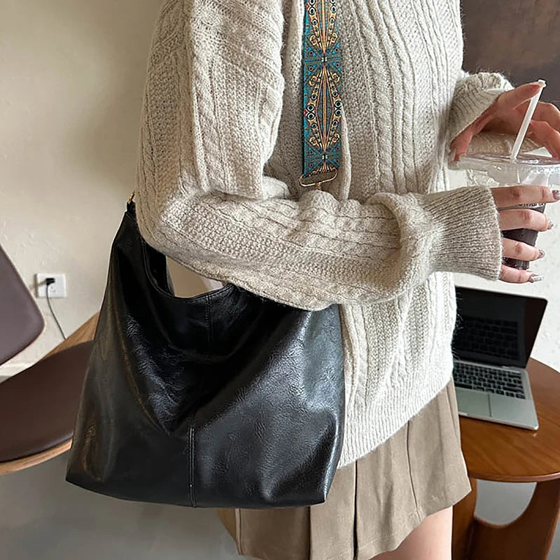 Wide Geometric Strap Shoulder Bag Large Capacity Crossbody Bags For Women,Retro PU Leather Women's Bag For Shopping Travel