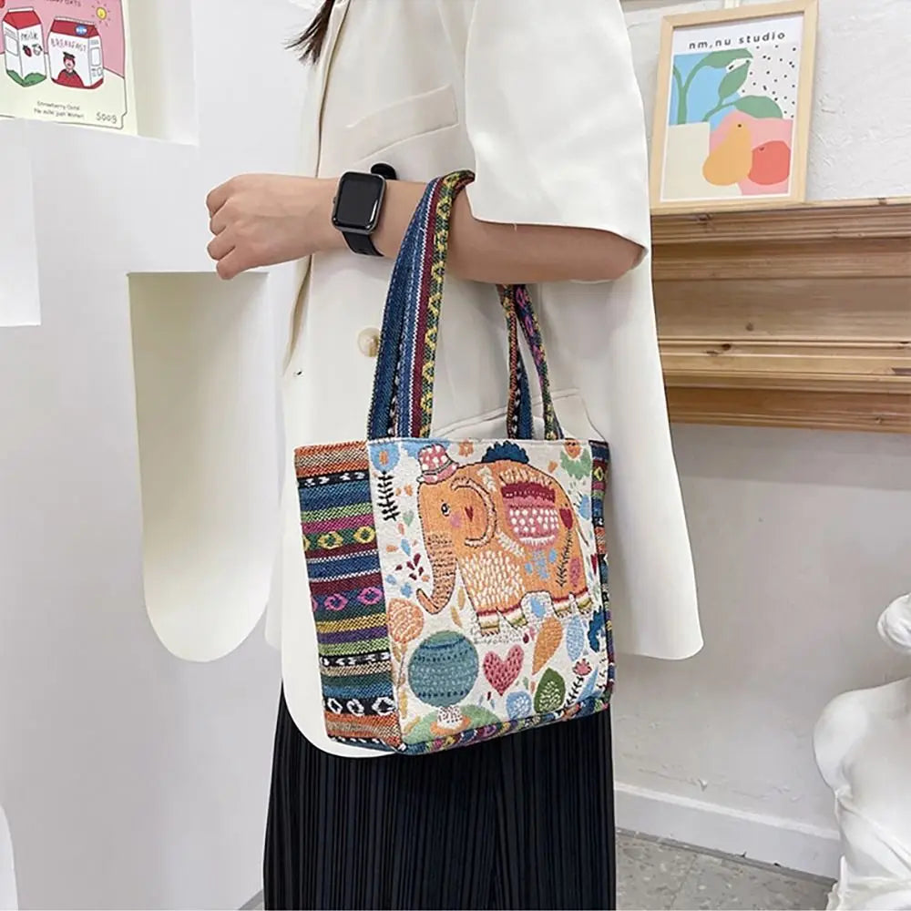 Fashion Women's Canvas Handbag - Animal Ethnic Style Embroidered Tote Bag with Elephant, Peacock, and Rabbit Designs