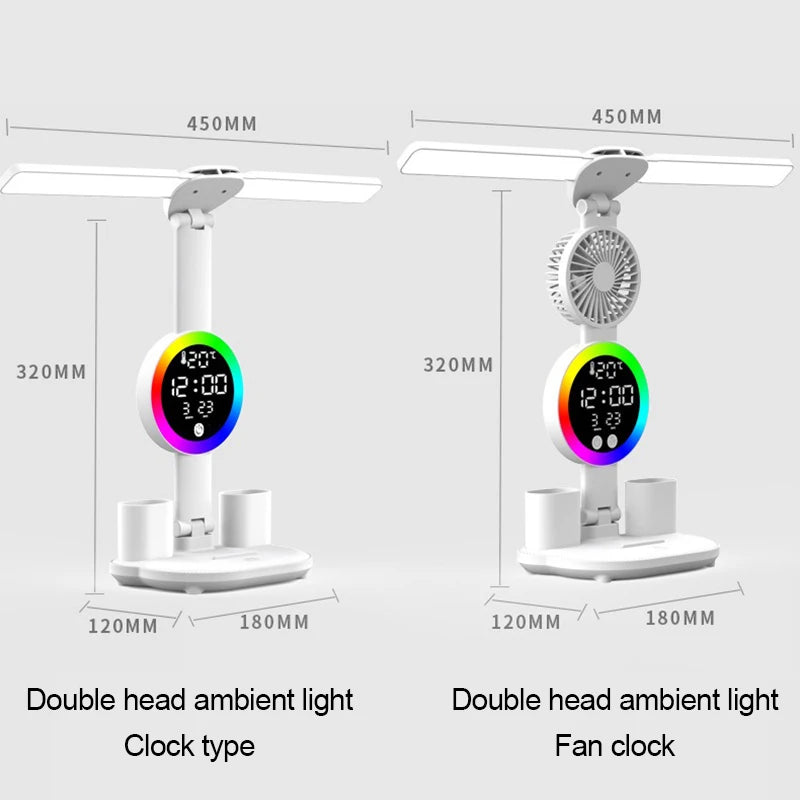 Rechargeable LED Table Lamp with Fan – Desk Reading Light, Night Light, and Clock Display