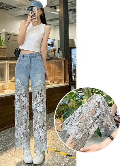 Pants for Woman and Capris Straight Leg with Rhinestones Transparent Women's Jeans Lace Grunge Y2k Spring Pant Vintage Trousers