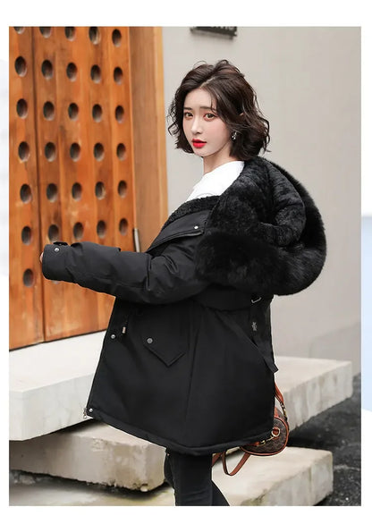 Hooded Long Parka with Wool Liner and Fur Collar Slim and Warm