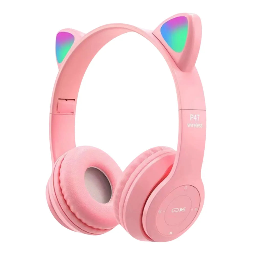 Cute Cat Ear Headphones with RGB LED Light Wireless Headset Kids Girls Stereo Phone Music Bluetooth Headset PC Gamer Gift