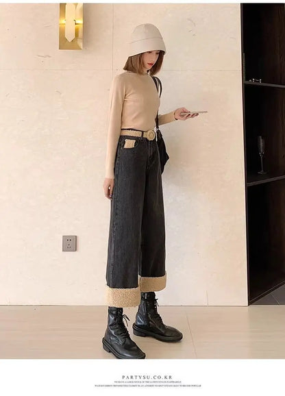 Lamb Wool Wide Leg Jeans for Women Fluffy Autumn and Winter New Styles Internet Famous Outfit Cropped Straight Leg Pants Trendy