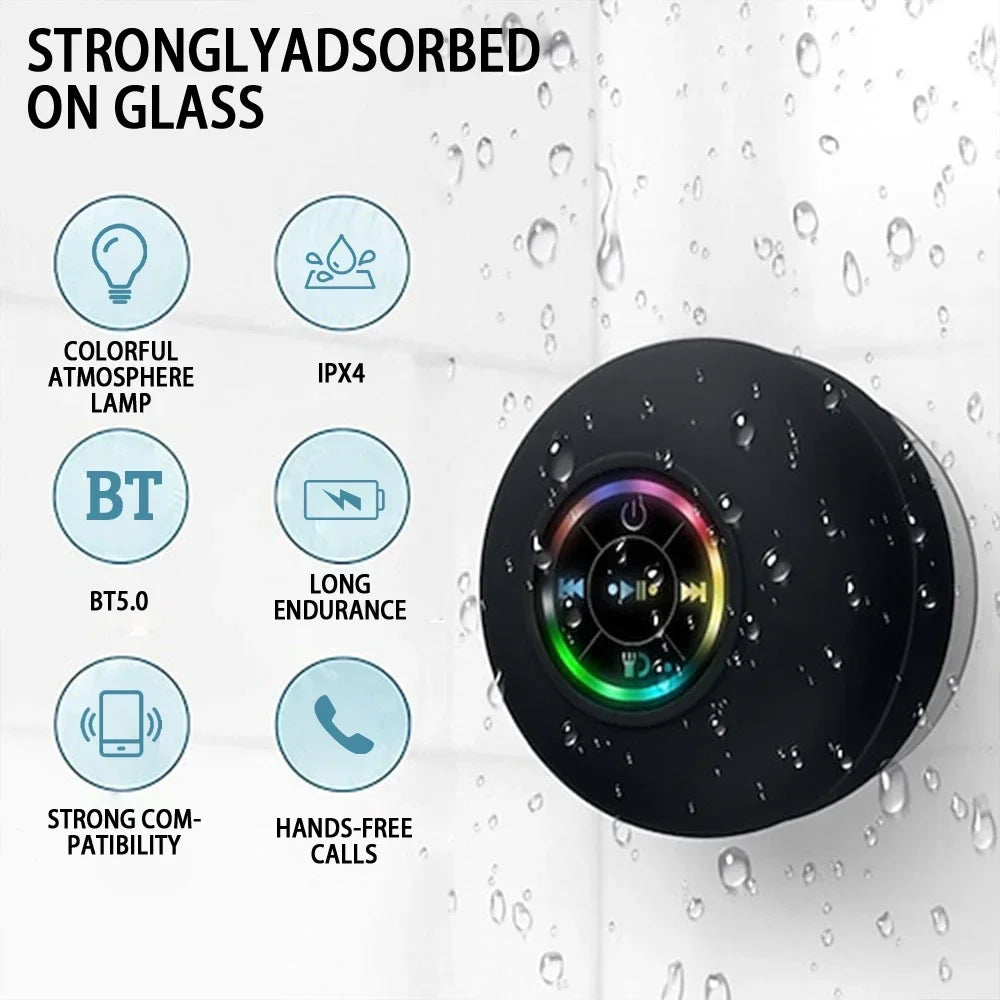 Portable Bluetooth Speaker – LED, IPX4 Waterproof, Mini Stereo, Outdoor & Bathroom with Suction Cup