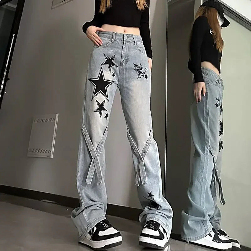 Damjeans med tryck Grafiskt mönster Stjärnbyxor vida ben Emo Vibrant Baggy R Rea Grunge Y2k AZ jeansbyxor för kvinnor