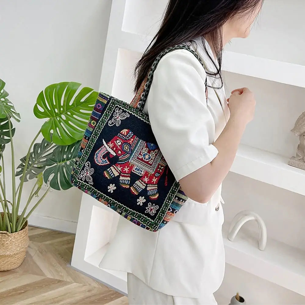 Fashion Women's Canvas Handbag - Animal Ethnic Style Embroidered Tote Bag with Elephant, Peacock, and Rabbit Designs