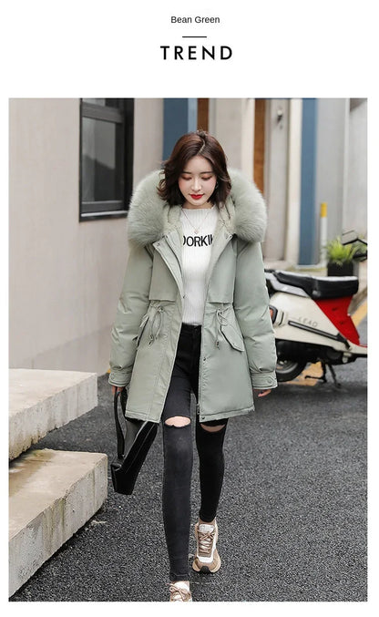 Hooded Long Parka with Wool Liner and Fur Collar Slim and Warm