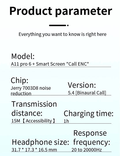 A11 Pro TWS trådlösa hörlurar Touch Control LCD-skärm hörlurar med ENC brusreducerande Super Bass Premium Sound Långt batteri