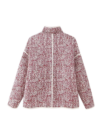 Floral Print Quilted Jacket with Stand Collar and Pockets Chic and Warm