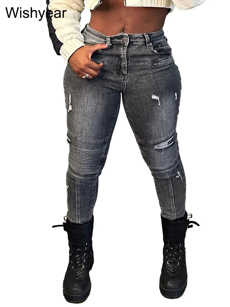 Sexig hållficka Ripped Cargo Stretch Jeansbyxor Dammode Vår Moto Biker Skinny Pencil Jeans Streetwear y2k Byxor