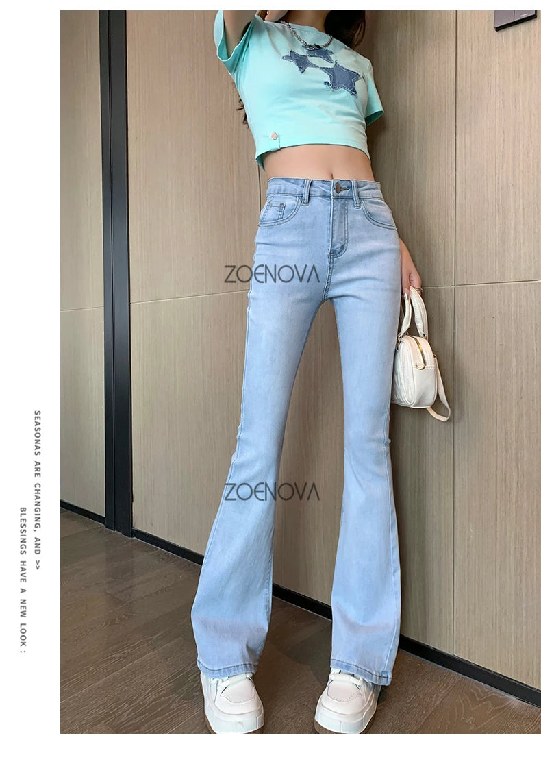 ZOENOVA Harajuku Street Casual Simple Solid Color Women's Jeans 2024 New Fashion Lady High Waist Slim VersatileMicro Flare Pants