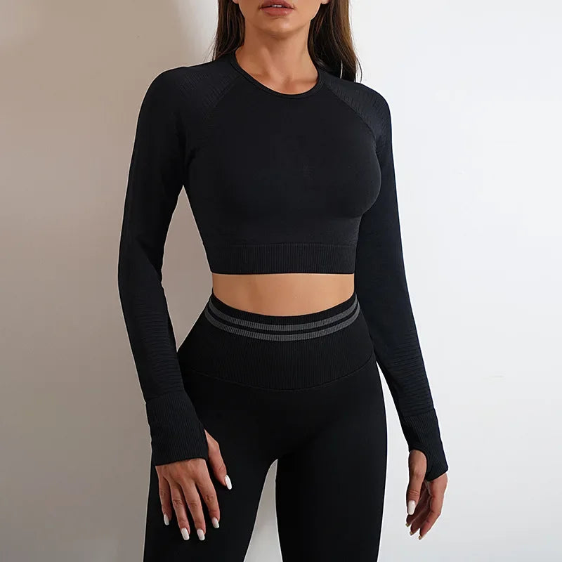 Women's Seamless Yoga Set with High Waist Leggings and Long Sleeve Top