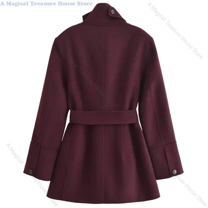 Women's Burgundy Tweed Coat with Belt and Long Sleeves