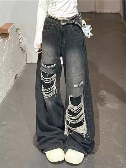 Svarta Baggy Ripped Jeans Gothic Y2K Estetisk Vintage Style