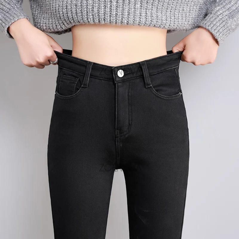 ZOENOVA Kvinnor Tjock sammetsjeans Fleece Varmt koreanskt Mode Hög midja Skinny Elastiska Byxor Jean Casual Legging Vinter 2023