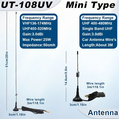 UT-108UV Walkie Talkie Bilantenn Magnetisk SMA-F Dual Band UHF VHF för Baofeng UV-5R TYT WOUXUN Quansheng UV-K5 8 Two Way Radio