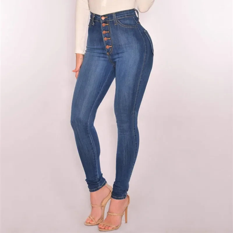 High Waist Push-Up Skinny Jeans with Stretch and Washed Denim