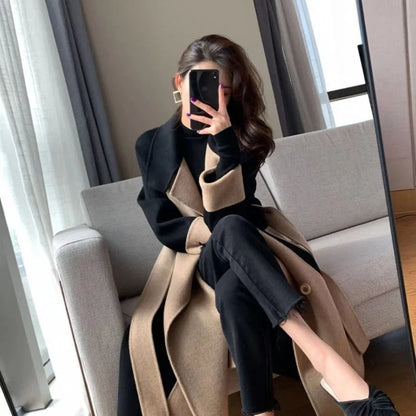 Elegant Long Cashmere Blend Overcoat with Slim Sashes