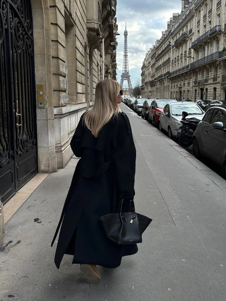 Women's Black Long Wool Coat with Belt and Lapel