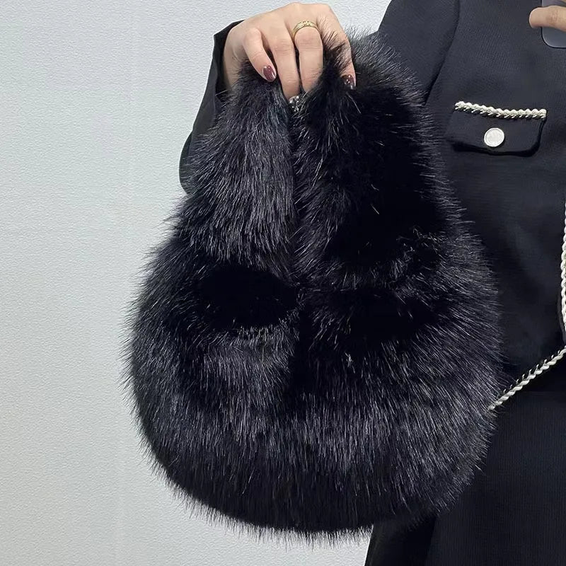 Soft Plush Half Moon Bags: Designer Fluffy Faux Fur, Luxury Small Tote