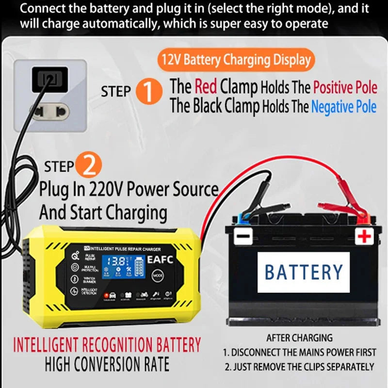 Bilbatteriladdare 6A 12V Bil- och motorcykelbatteriladdare Blybatteri Smart Repair LCD-skärm