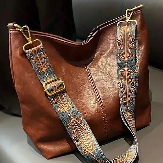 Bred geometrisk axelremsväska med stor kapacitet Crossbody-väskor för kvinnor, retro PU-läderväska för kvinnor för shoppingresor