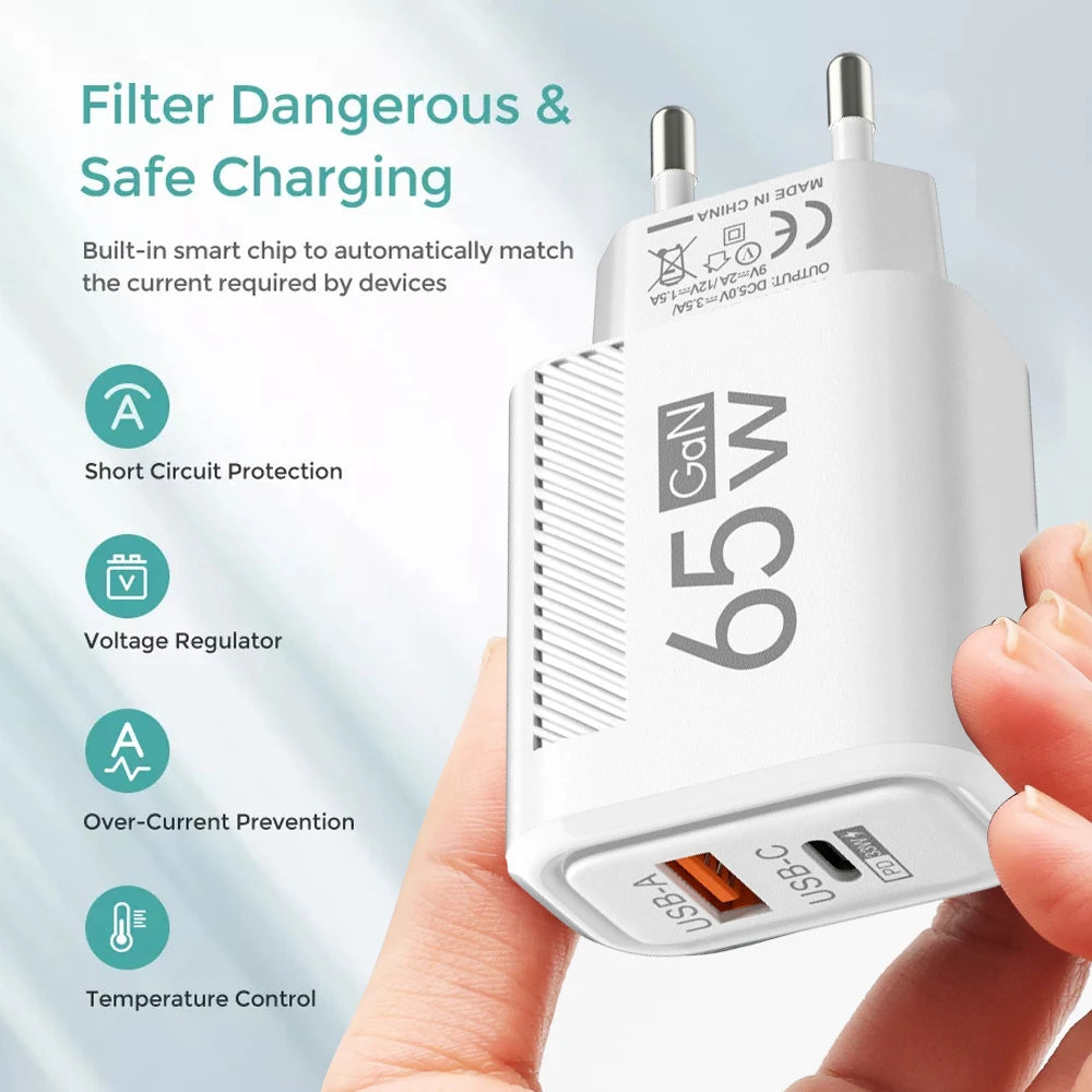 65W GaN USB C Charger Fast Charging Wall Charger For iPhone/Xiaomi/Samsung PD Type C Phone Adapter EU/US Plug