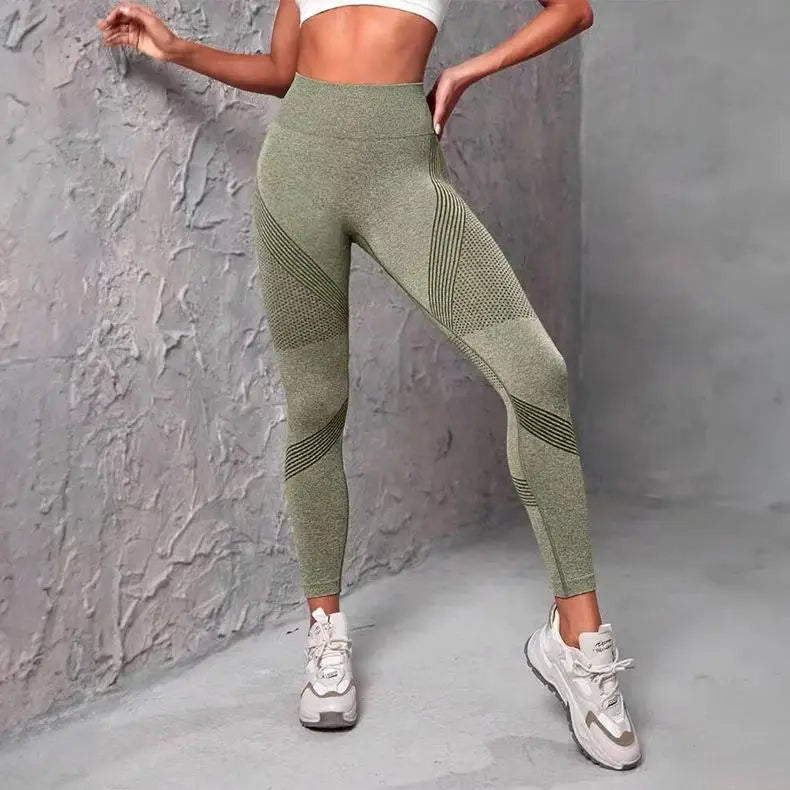 Women's High Waist Fitness Leggings with Striped Mesh