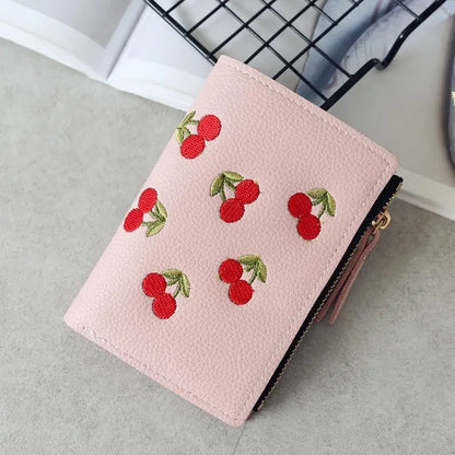 Women Vertical Buckle Cherry Embroidered Small Short Wallet – Simple Wallet, Girls Zipper Purse.