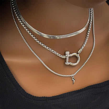 Waterproof Jewelry 18K Gold Plated Stainless Steel Box Chain Choker Necklace  Double Color Chunky Horseshoe Necklace for women