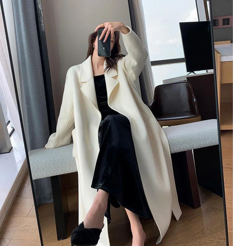 Women's White Midi Wool Blend Coat with Lace Up Design