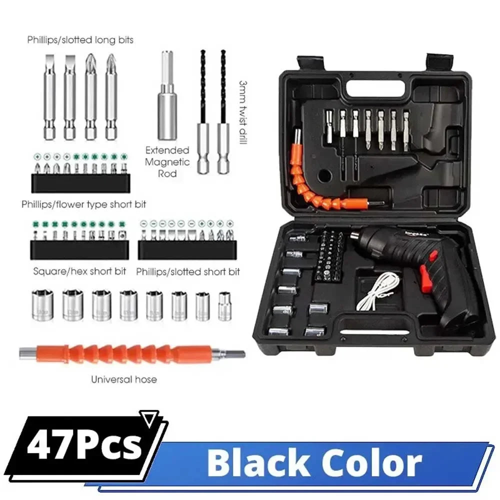 2/47pcs 3.6V Screwdriver Kit Rechargeable Lithium Battery Cordless Electric Screwdriver Drill Kit Folding Home Power Tools