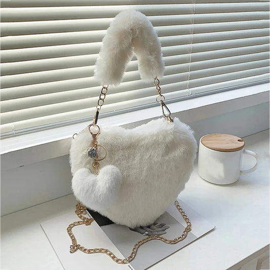 Faux Fur Heart-shaped Women Small Handbags – Fluffy Plush Ladies Chain Shoulder Bag, Fashion Female Furry Daily Clutch Purse.